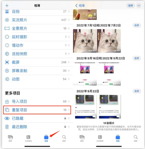 前锋苹果手机维修分享iOS 16 中相册重复项目功能使用方法 